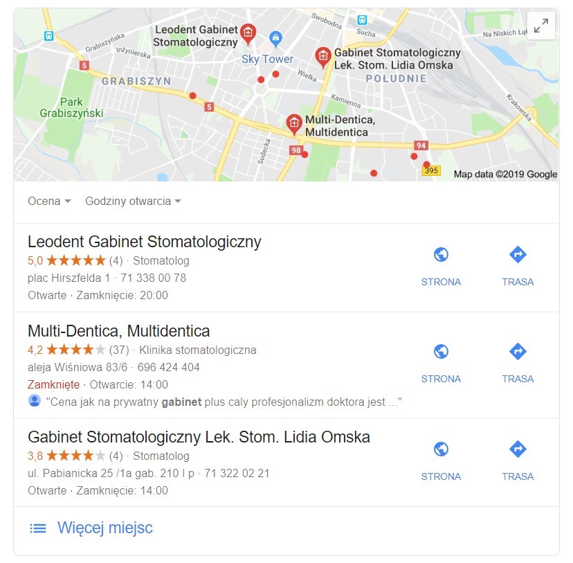 Pozycjonowanie strony www gabinetu dentystycznego - Google Maps