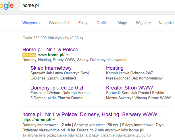 Wyniki wyszukiwania po wpisaniu frazy "home.pl" - domyślnie, jako pierwsza pojawiła się reklama Adwords.