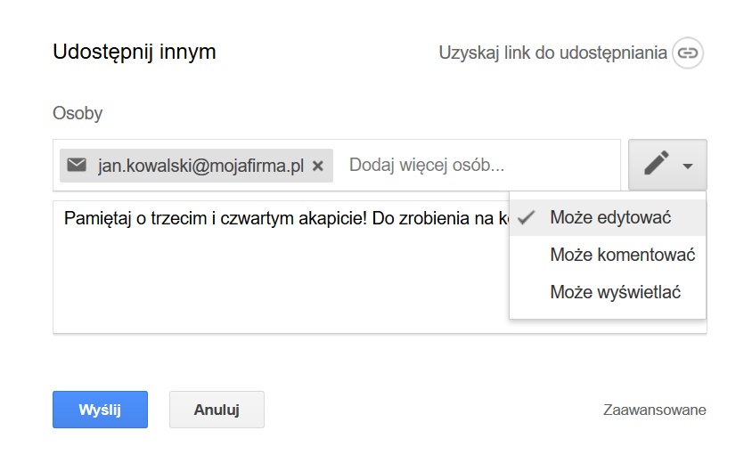 Proste i wygodne udostępnianie dokumentów w G Suite dla innych pracowników w organizacji.