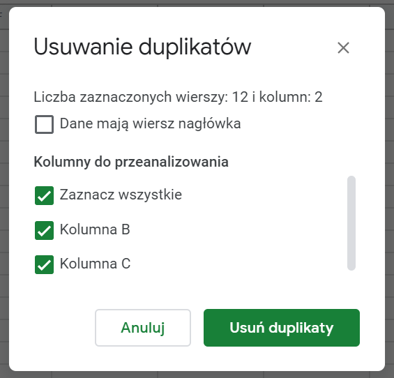 Usuwanie duplikatów z Google Sheets