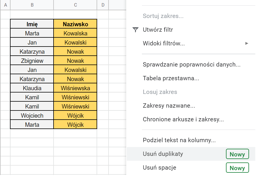 Google Sheets - usuwanie duplikatów