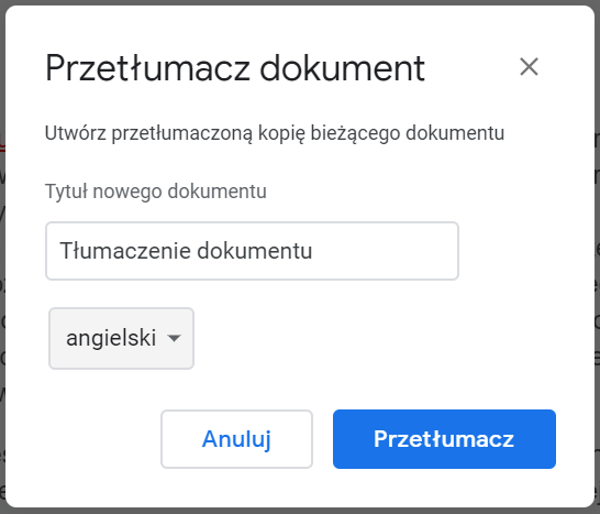 Tłumaczenie tekstu w G Suite