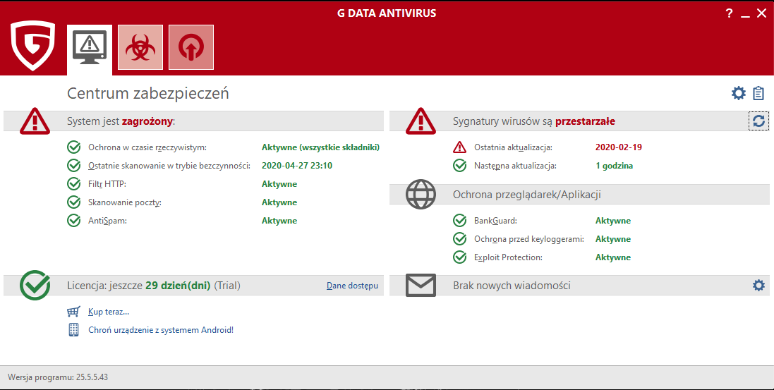 Interfejs aplikacji G DATA Antivirus