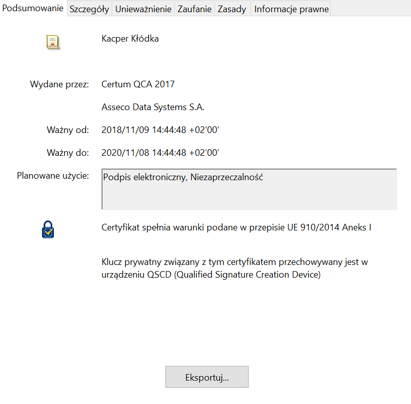 Karta podsumowania autentyczności podpisu kwalifikowanego.