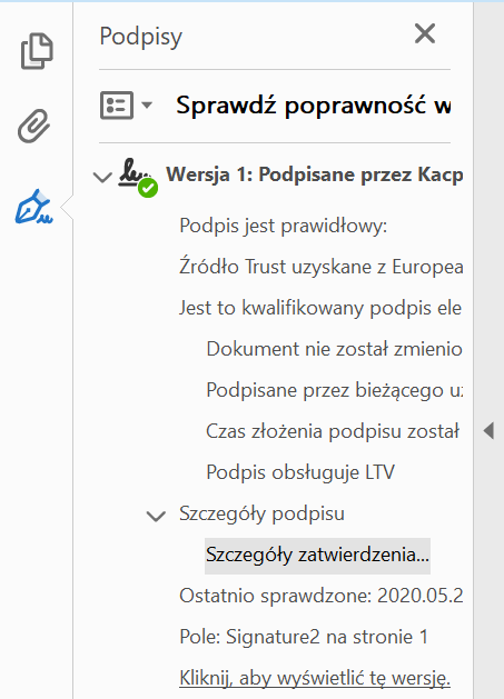 Szczegóły zatwierdzenia podpisu kwalifikowanego.