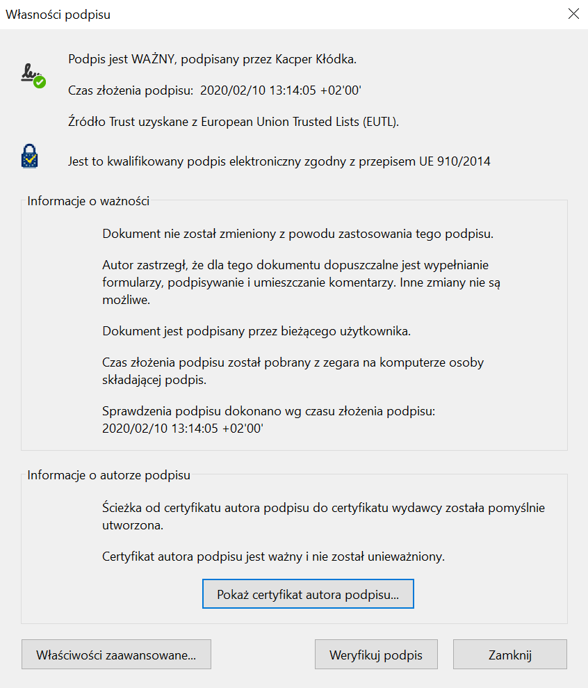 Sprawdzanie podpisu elektronicznego i szczegółów na temat daty i autora podpisu w dokumencie.