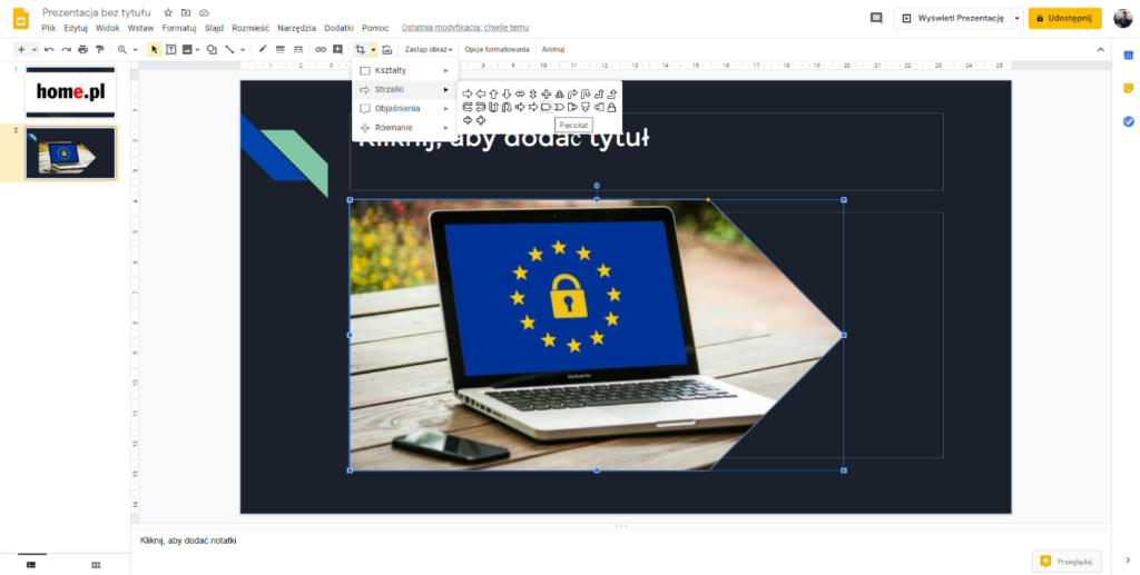 Jak wyciąć kształt w wybranej grafice w Google Prezentacje?