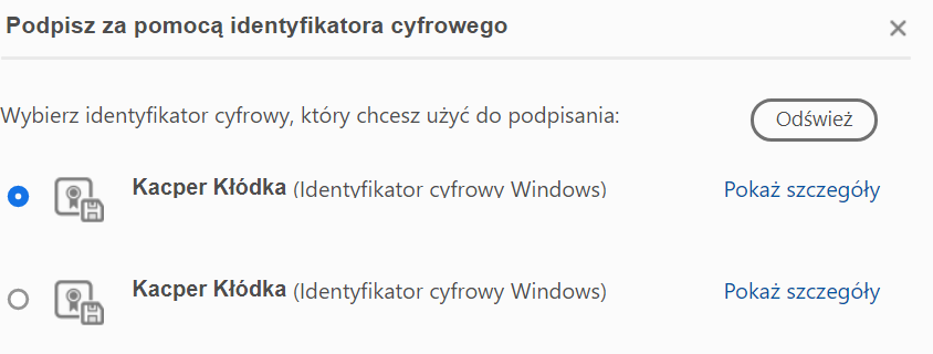 Wybór podpisu kwalifikowanego