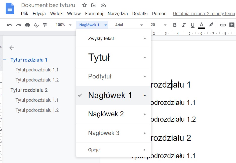 Dokumenty Google nagłówki spis treści