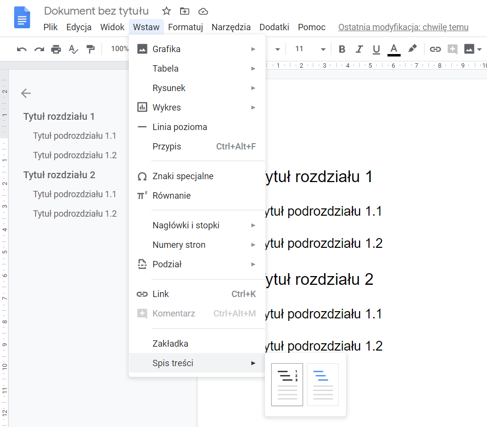 Jak dodać Spis Treści G Suite?