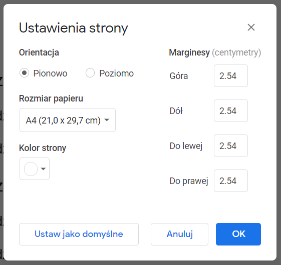 Obracanie strony Google Docs