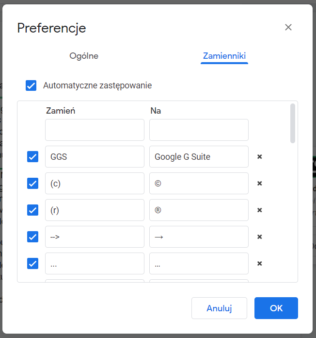 Google Docs zamienniki w tekscie