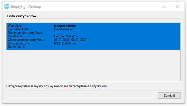 Lista certyfikatów w SimplySign Desktop
