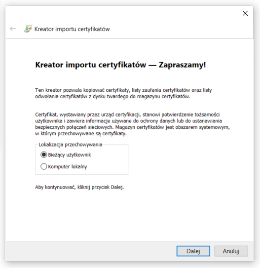 Kreator importu certyfikatów systemu Windows