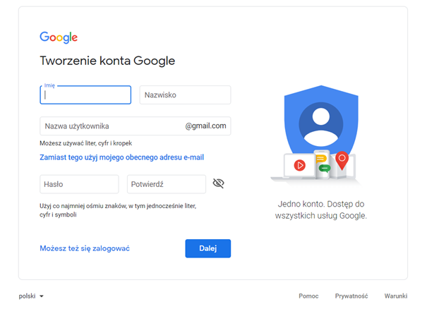 Konsola tworzenia konta Google