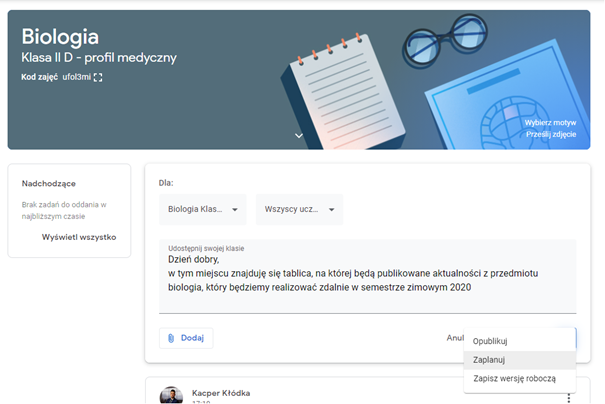 Wstawianie informacji w karcie Strumień w Google Classroom