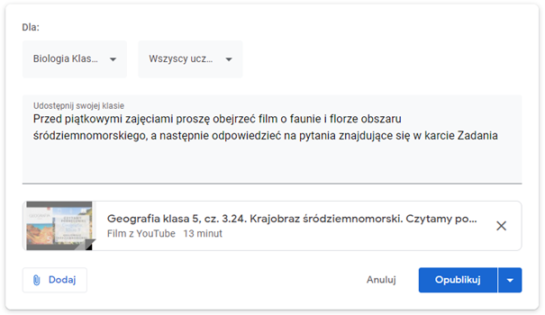 Wstawianie linku YouTube w Google Classroom