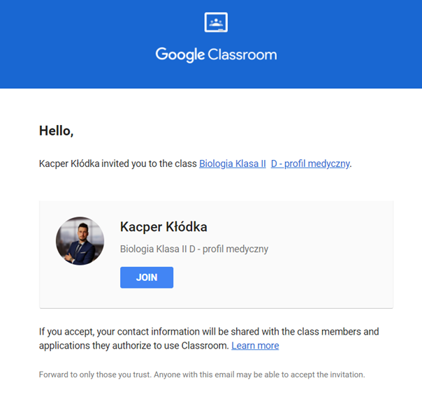 Widok maila z zaproszeniem do klasy Google Classroom