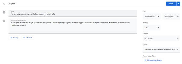 Tworzenie zadania w Google Classroom z kryterium oceny