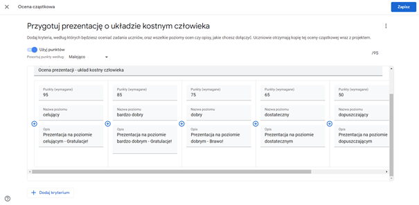 Tworzenie kryteriów oceny w Google Classroom