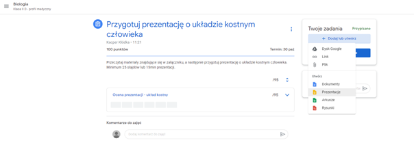 Widok zadania od strony ucznia w Google Classroom