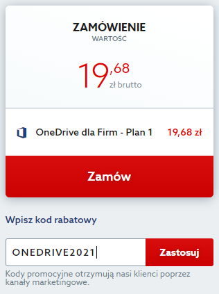 Kod rabatowy na OneDrive dla Firm. Wpisz kod zniżkowy i korzystaj z przestrzeni w chmurze taniej.
