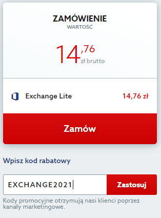 Kod rabatowy na biznesową pocztę Exchange. Wpisz kod zniżkowy i korzystaj taniej z niezawodnej poczty email od Microsoft.