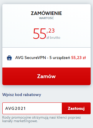Dodawanie kupony rabatowego w koszuku na zakup AVG Secure VPN.