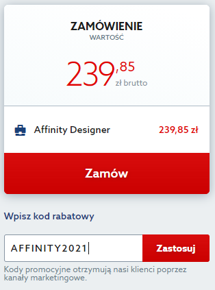 Kod rabatowy na program do obróbki grafiki Affinity. Wpisz kod zniżkowy i korzystaj z dożywotniej licencji Affinity taniej