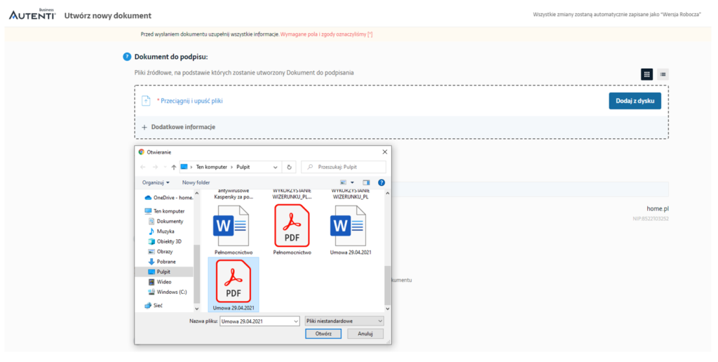 Dodawanie pliku do podpisu - platforma Autenti 