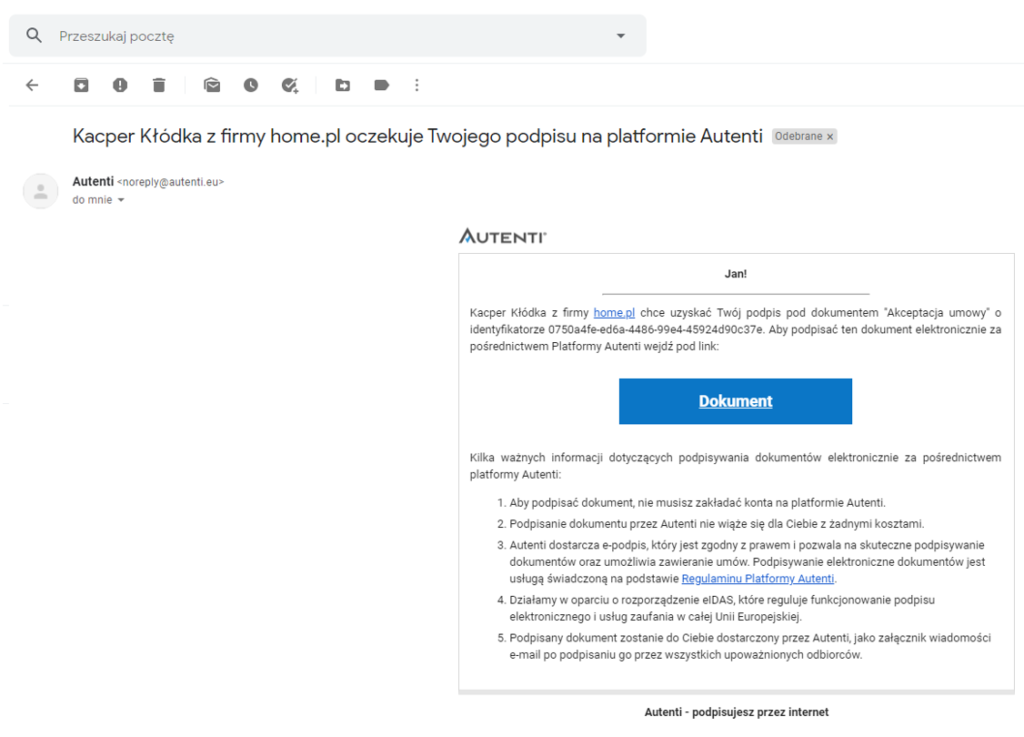 Email z informacją o oczekującym na podpis na platformie Autenti e-dokumencie