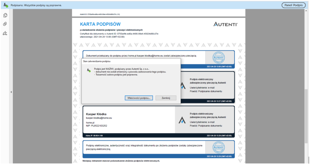 Weryfikacja podpisu z karty podpisów w Adobe Acrobat Reader DC