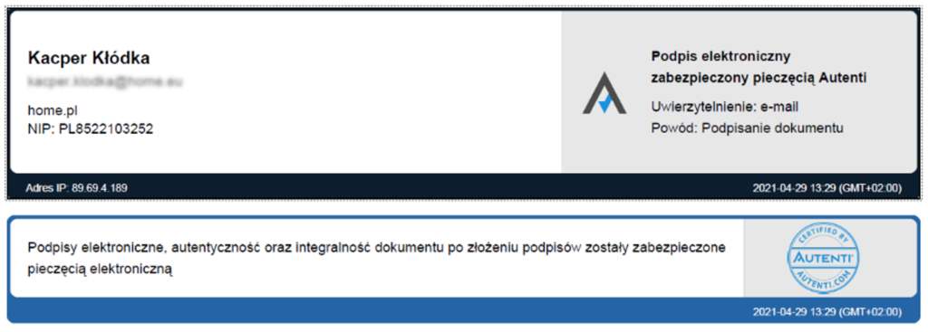 Wizualizacja podpisu w karcie podpisów Autenti. Podpis elektroniczny został potwierdzony pieczęcią elektroniczną Autenti