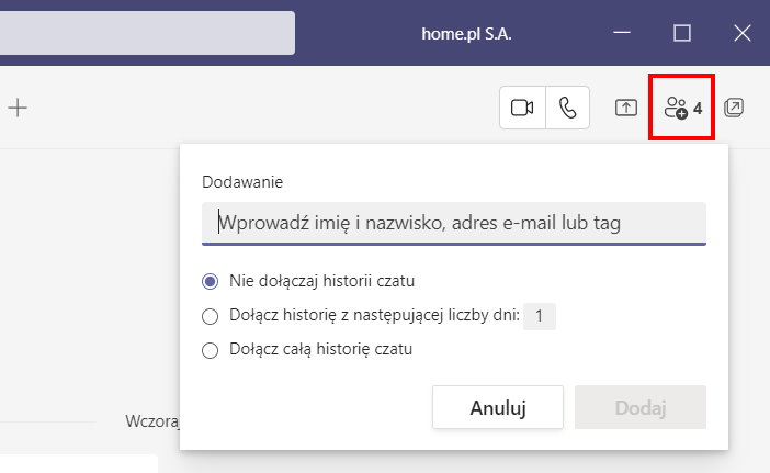 dodaj uczestników czatu Teams