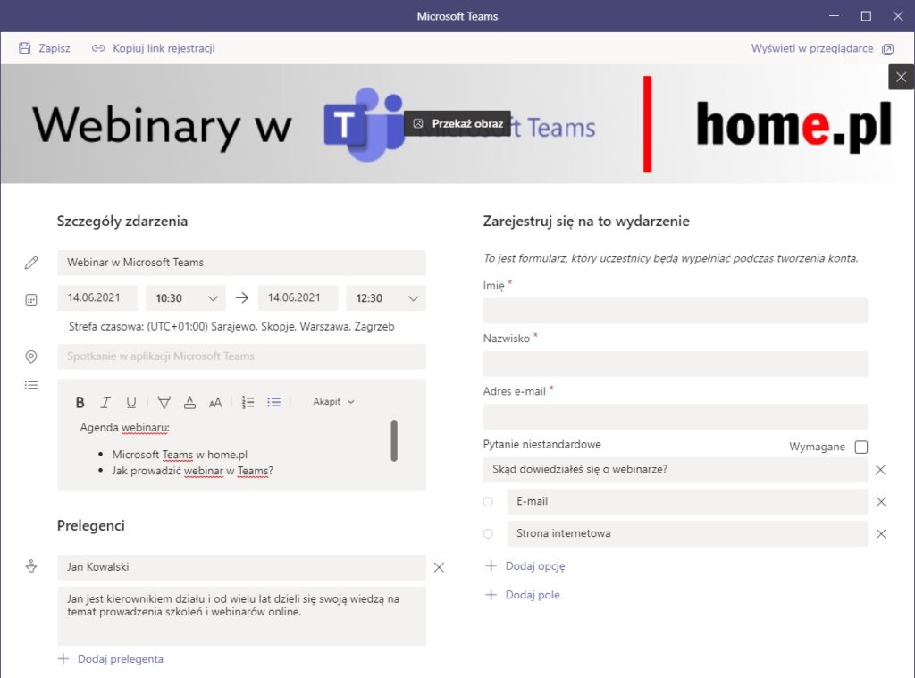 Formularz rejestracji webinaru Teams