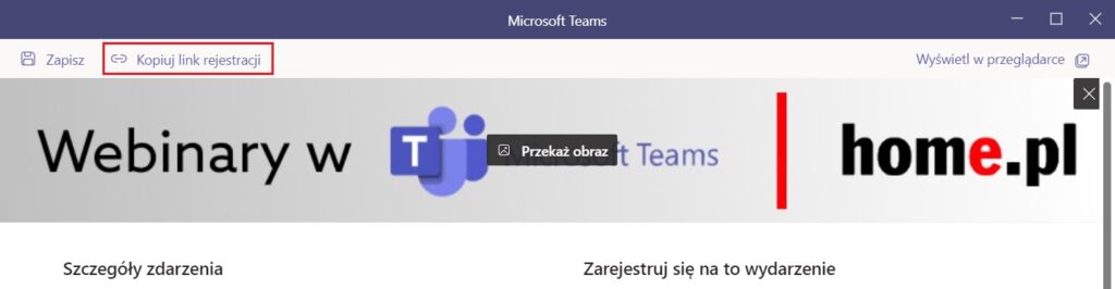 Udostępnij link webinar Microsoft Teams