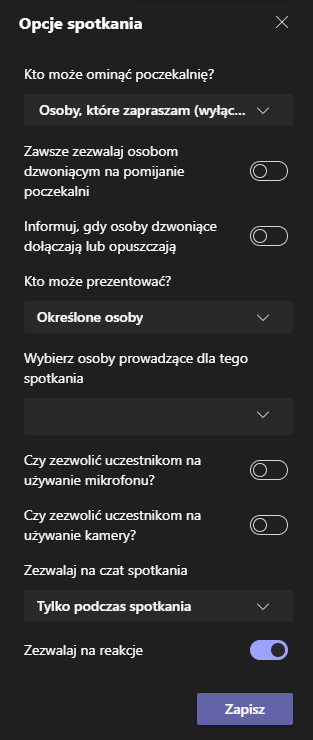 webinar w Microsoft Teams ustawienia