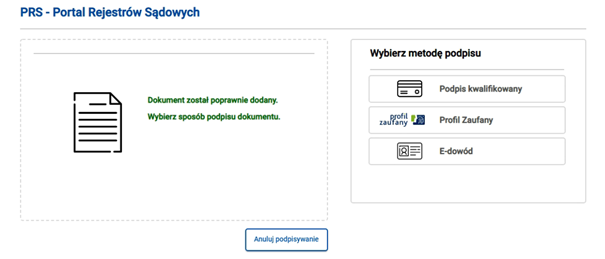 Wybór metody podpisu e-KRS - podpis kwalifikowany