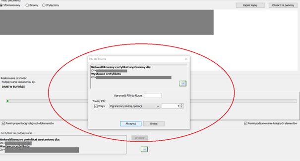 wpisywanie kodu PIN do podpisu kwalifikowanego 