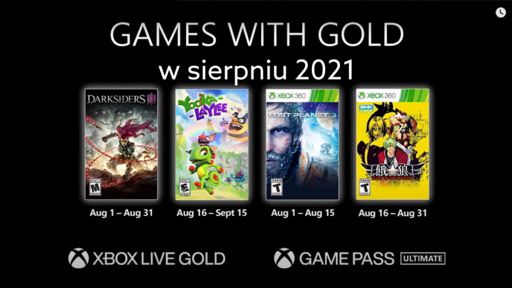 Games with Gold w sierpniu 2021. Darmowe gry z Xbox Live Gold.