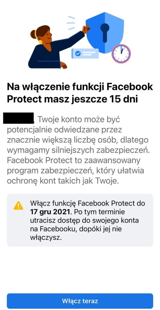 Komunikat Facebook Protect w aplikacji