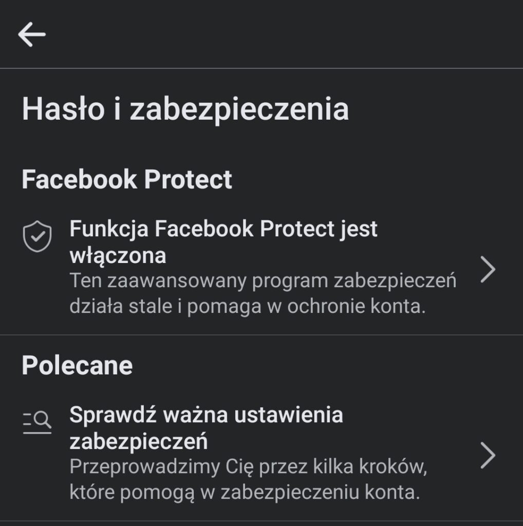 Ustawienie zabezpieczeń Facebook Protect w aplikacji