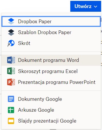 Tworzenie dokumentów pakietu Office w Dropbox.