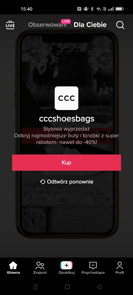 Reklama CCC w aplikacji TikTok.