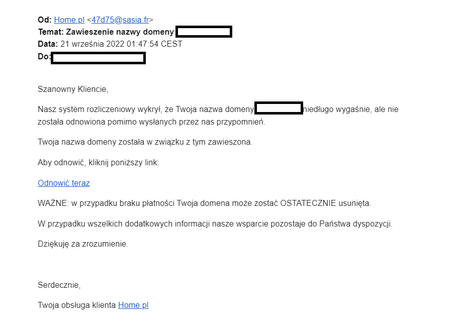wiadomość phishingowa, podszywająca się pod home.pl