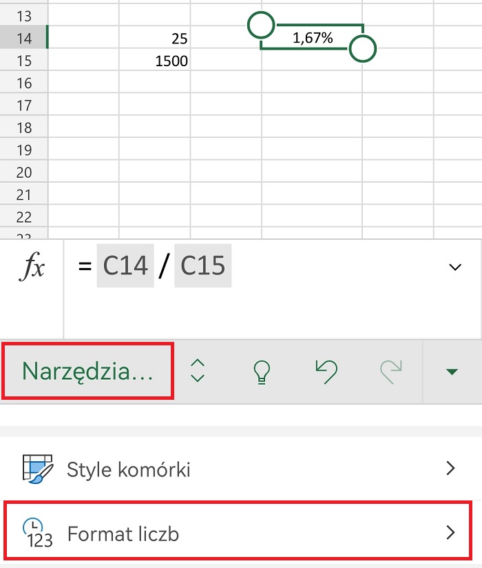 Mobilna aplikacja Excel - jak obliczyć procent w Excelu na smartfonie?