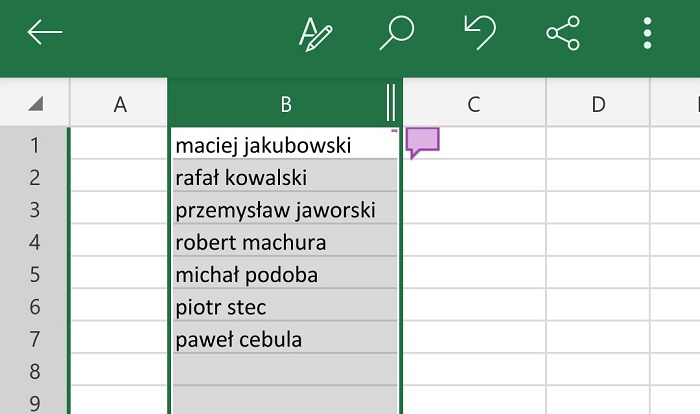 Excel na smartfonie - przenoszenie kolumny