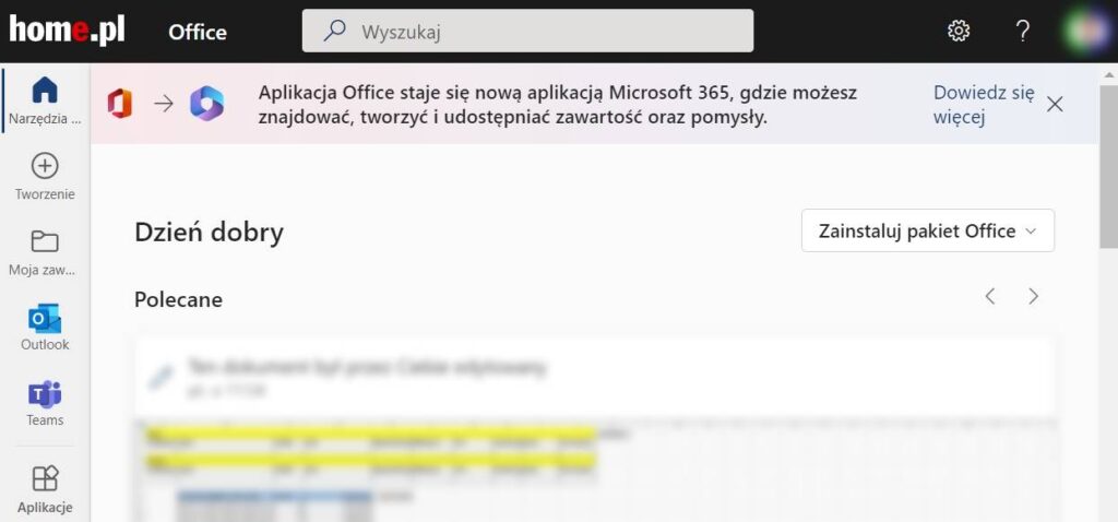 Komunikat o zmianie nazwy i logo aplikacji Office na Microsoft 365 w Windows.