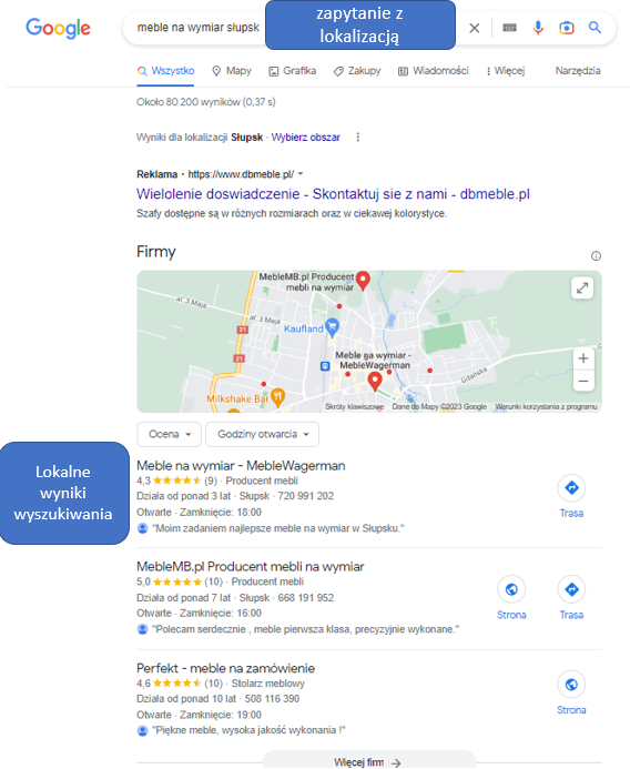 Lokalne wyniki wyszukiwania dla zapytań z lokalizacją.