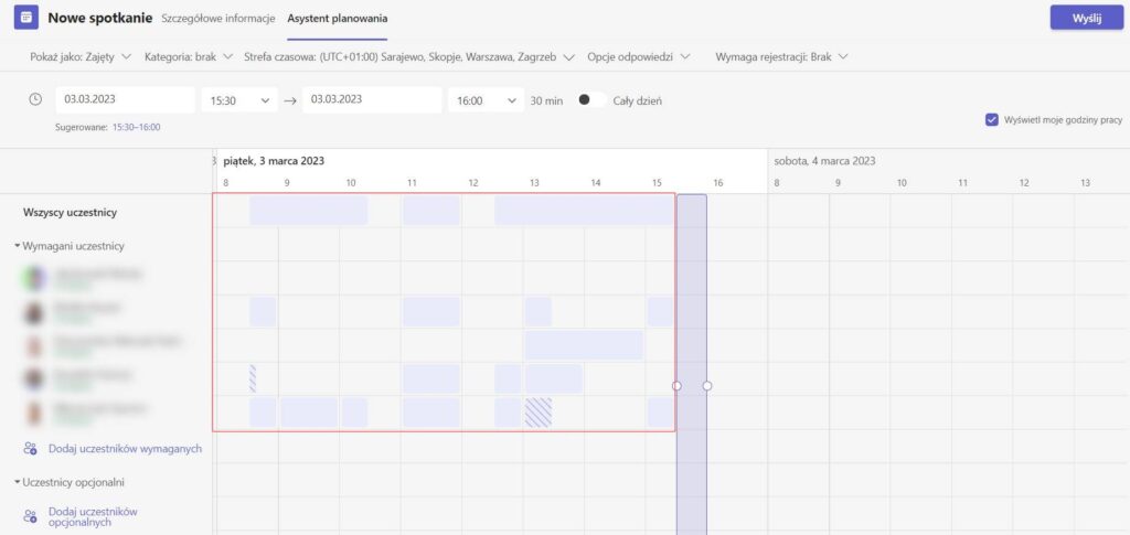 Kalendarz pracy w aplikacji Teams.